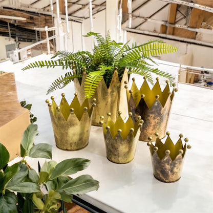 Set of 5 Antique Gold Metal Crown Planters – Elegant Indoor & Outdoor Décor | Sign of the times Stoke