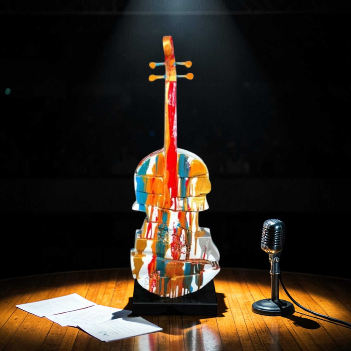 Splash Painted Violin Sculpture – Rotating Resin Art on Black Marble Base | Sign of the times Stoke