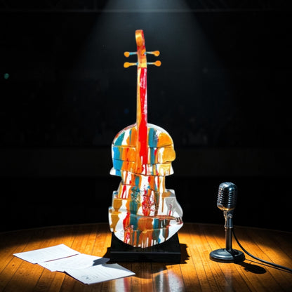Splash Painted Violin Sculpture – Rotating Resin Art on Black Marble Base | Sign of the times Stoke