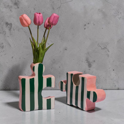 Set of 2 Ceramic Jigsaw Piece Vases – Green/White & Pink Decorative Pair | Sign of the times Stoke