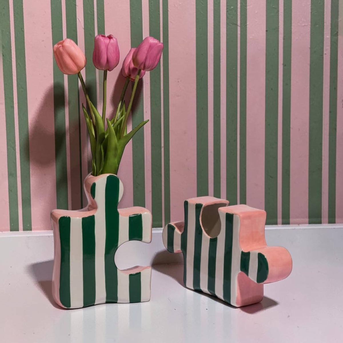 Set of 2 Ceramic Jigsaw Piece Vases – Green/White & Pink Decorative Pair | Sign of the times Stoke