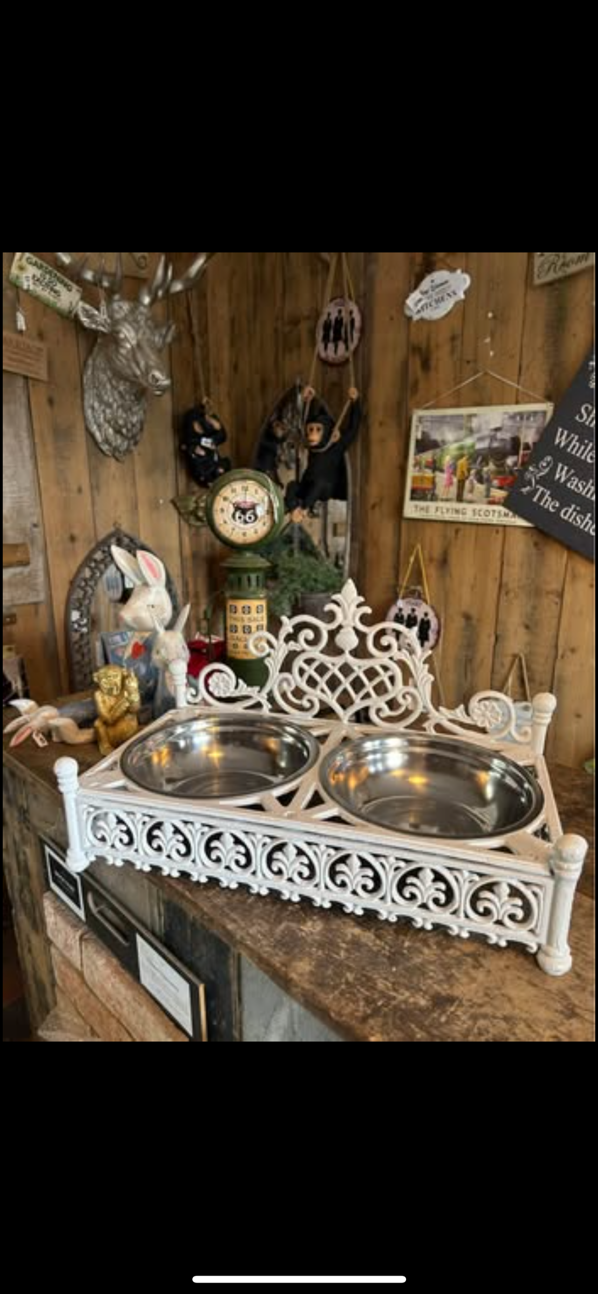 Vintage Style White Dog Bowls - Elegant Cast Iron Stand with Silver Metal Bowls | Sign of the times Stoke
