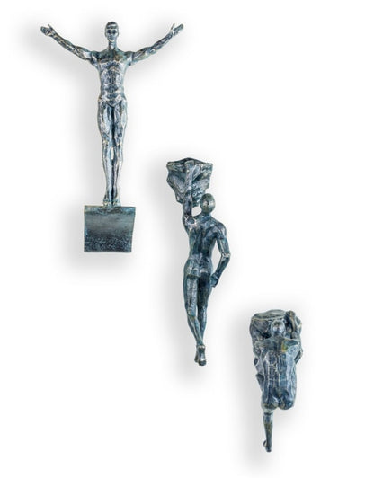 Set of 3 Antique Grey Rock Climbing Men Figures | Bold Wall Sculpture Trio | Sign of the times Stoke