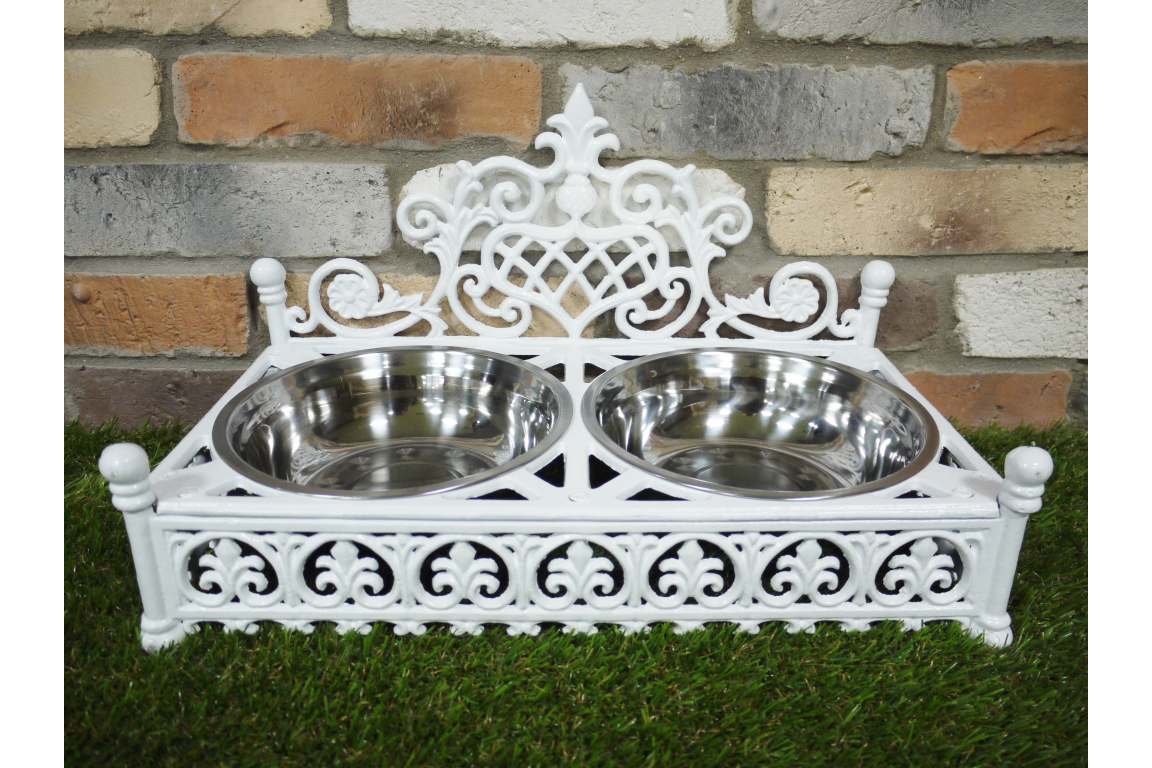Vintage Style White Dog Bowls - Elegant Cast Iron Stand with Silver Metal Bowls | Sign of the times Stoke