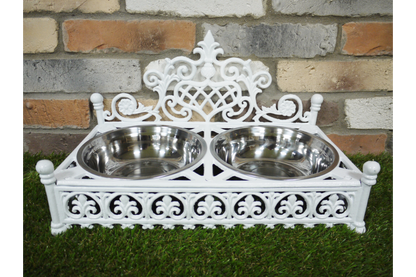Vintage Style White Dog Bowls - Elegant Cast Iron Stand with Silver Metal Bowls | Sign of the times Stoke