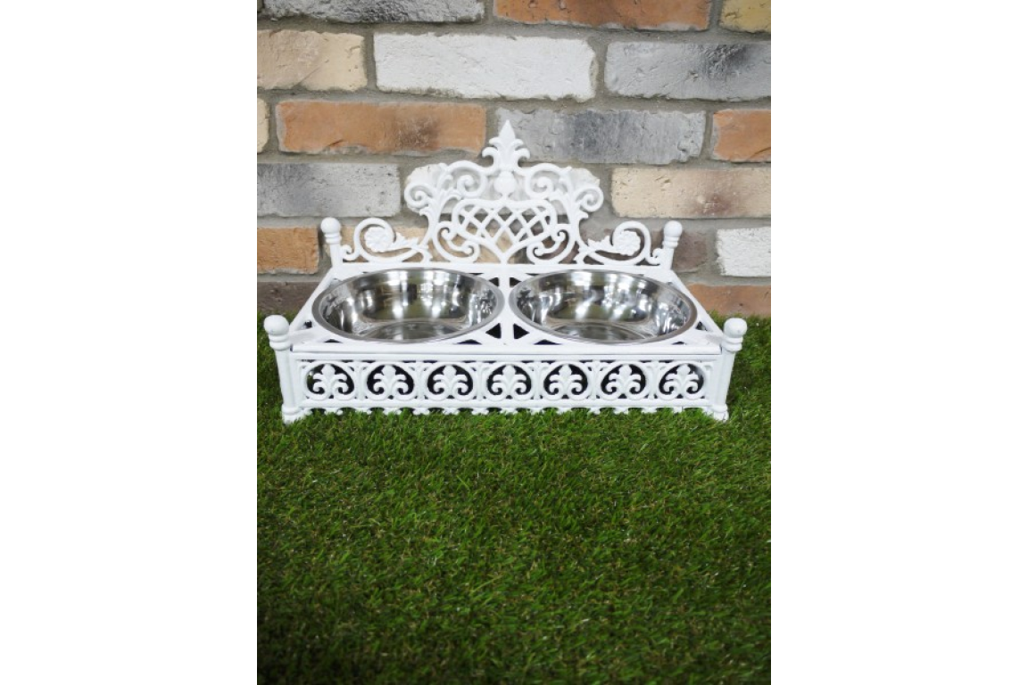 Vintage Style White Dog Bowls - Elegant Cast Iron Stand with Silver Metal Bowls | Sign of the times Stoke