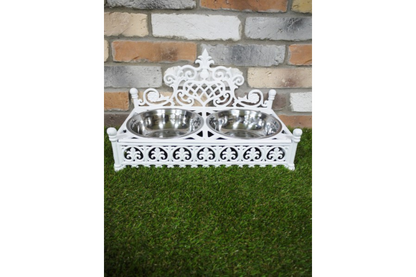 Vintage Style White Dog Bowls - Elegant Cast Iron Stand with Silver Metal Bowls | Sign of the times Stoke