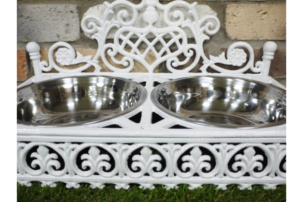 Vintage Style White Dog Bowls - Elegant Cast Iron Stand with Silver Metal Bowls | Sign of the times Stoke