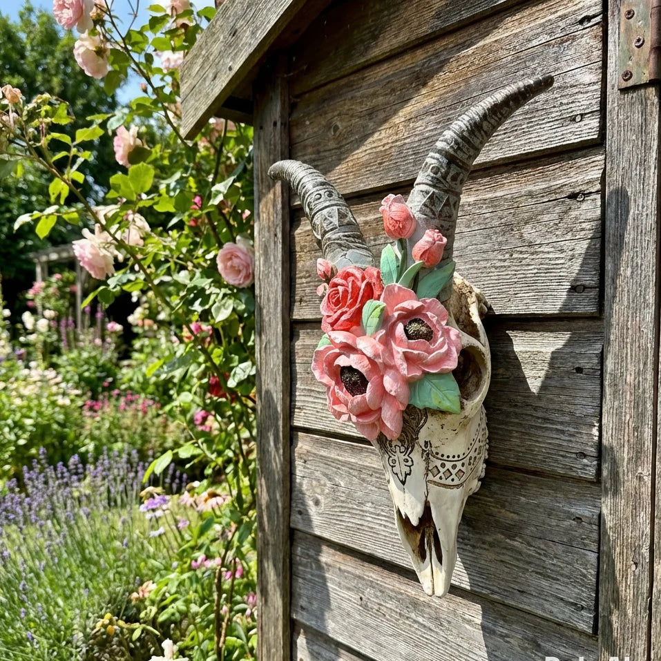 Goat Skull with Flowers – Decorative Wall Art Sculpture | Sign of the times Stoke