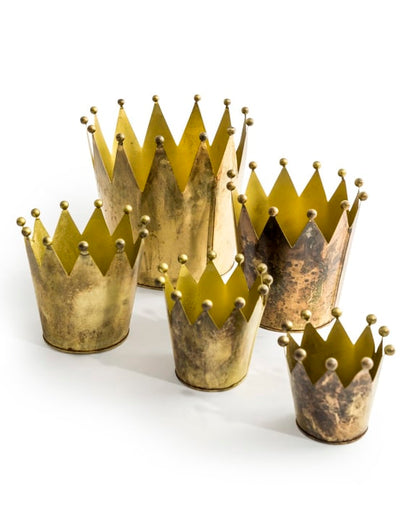 Set of 5 Antique Gold Metal Crown Planters – Elegant Indoor & Outdoor Décor | Sign of the times Stoke
