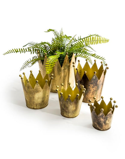 Set of 5 Antique Gold Metal Crown Planters – Elegant Indoor & Outdoor Décor | Sign of the times Stoke