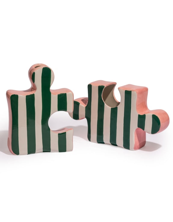Set of 2 Ceramic Jigsaw Piece Vases – Green/White & Pink Decorative Pair | Sign of the times Stoke