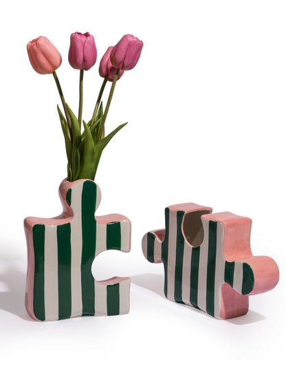 Set of 2 Ceramic Jigsaw Piece Vases – Green/White & Pink Decorative Pair | Sign of the times Stoke