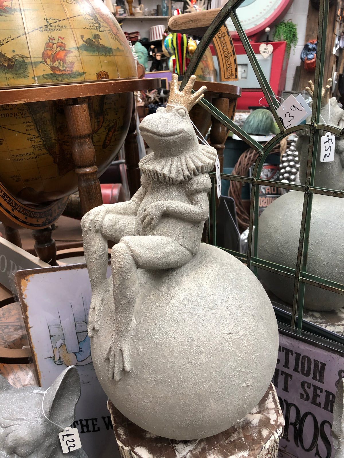 King Frog on Ball Sculpture - Resin Frog with Concrete Look | Sign of the times Stoke